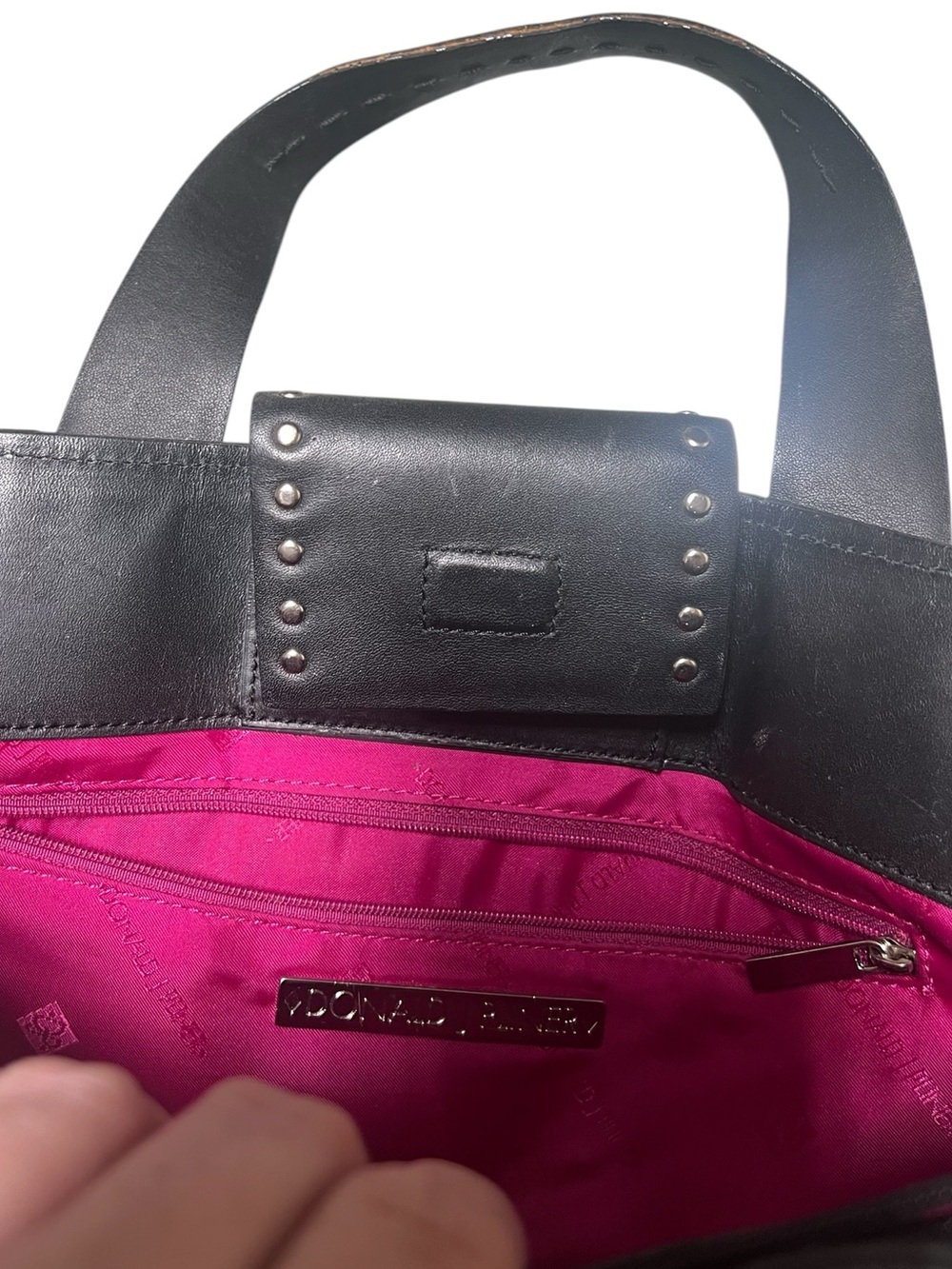 Donald J Pliner black calf hair and leather strappy silver studded satchel bag - Picture 9 of 11